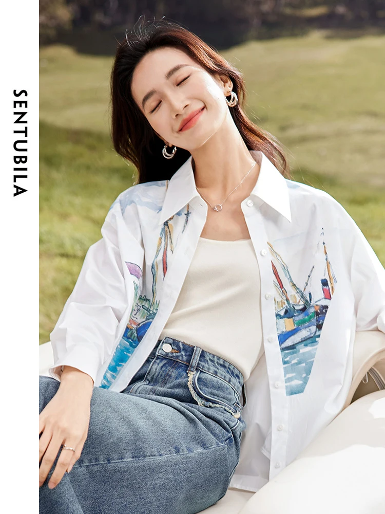 SENTUBILA Cotton 100% Lapel Button Up White Shirt 2024 Spring Abstract Printed Loose Long Sleeve Shirts & Blouses Tops 141C52374