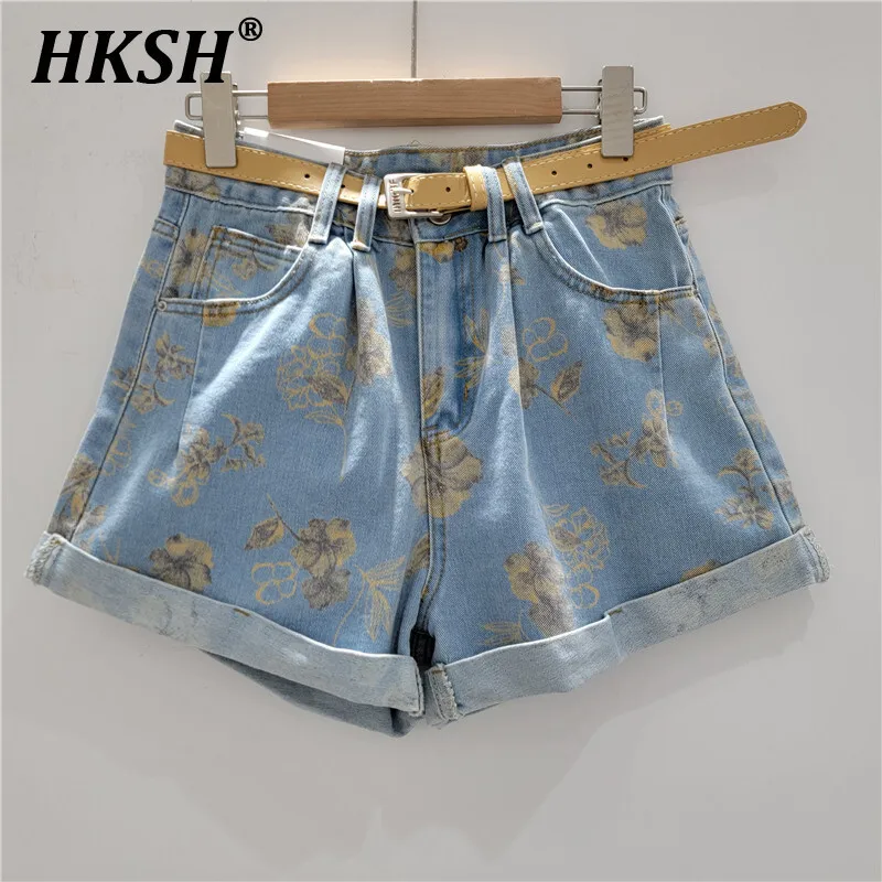

HKSH 2025 Summer New Women Tide Y2K Streetwear Capris Printed Pleated Denim Pants Folded Cuffs Washed A-line Loose Shorts HK4713