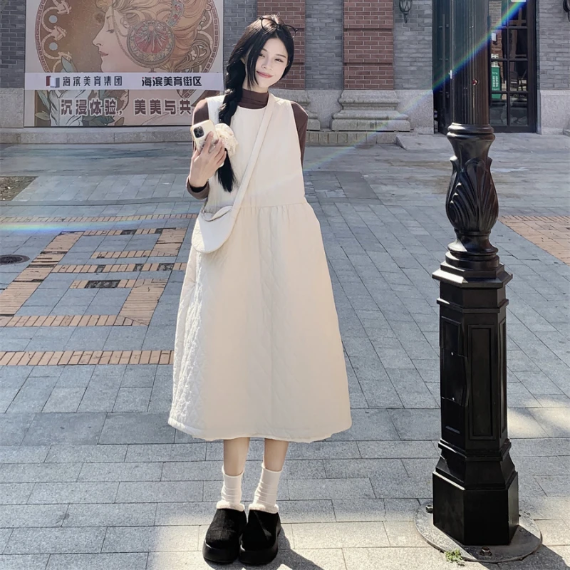 

Onalippa ромбовидное платье-жилет без рукавов для женщин, стеганое пальто с высокой талией, корейская шикарная сумка, свободная зимняя одежда с круглым вырезом