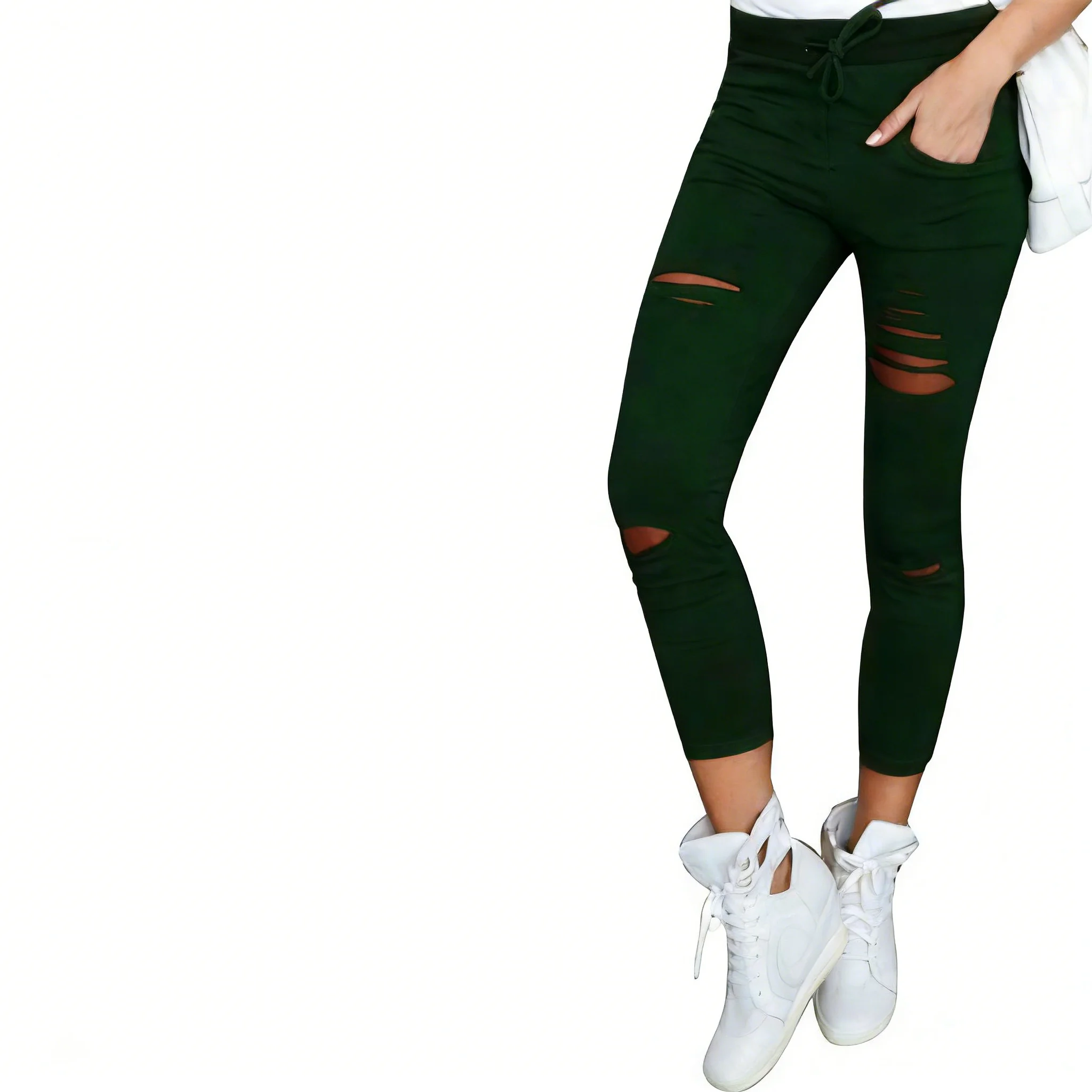 Zagros Women High Waisted Hollow Out Pencil Pants, Stretchy Slim Skinny Broken Hole Streetwear Trousers