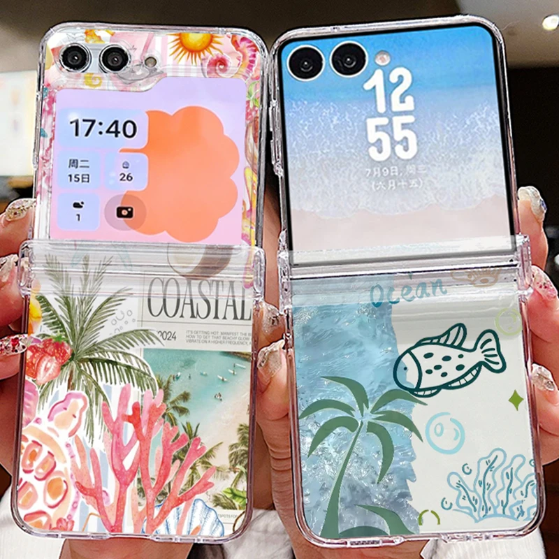 Seaside Coconut Tree Print Phone Case For Samsung Galaxy Z Flip 7 6 5 4 3 Flip7 Flip5 Flip6 Shockproof Clear Folding Hard Cover