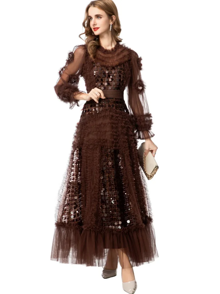 Meyyithun Women's Dress s O-Neck Sequin Mesh  Lantern Sleeve Long Dress Ruffles Vintage Party Autumn Fashion Female Clothing