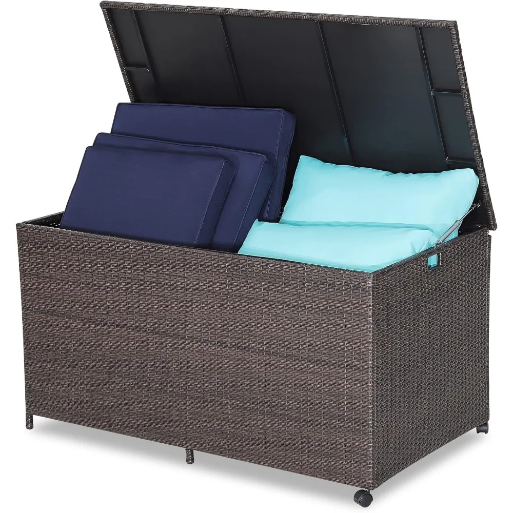 

133 Gallon Outdoor PE Wicker Storage Box Rattan Deck Container with Waterproof Liner and 2 Universal Wheels, Garden Furniture C