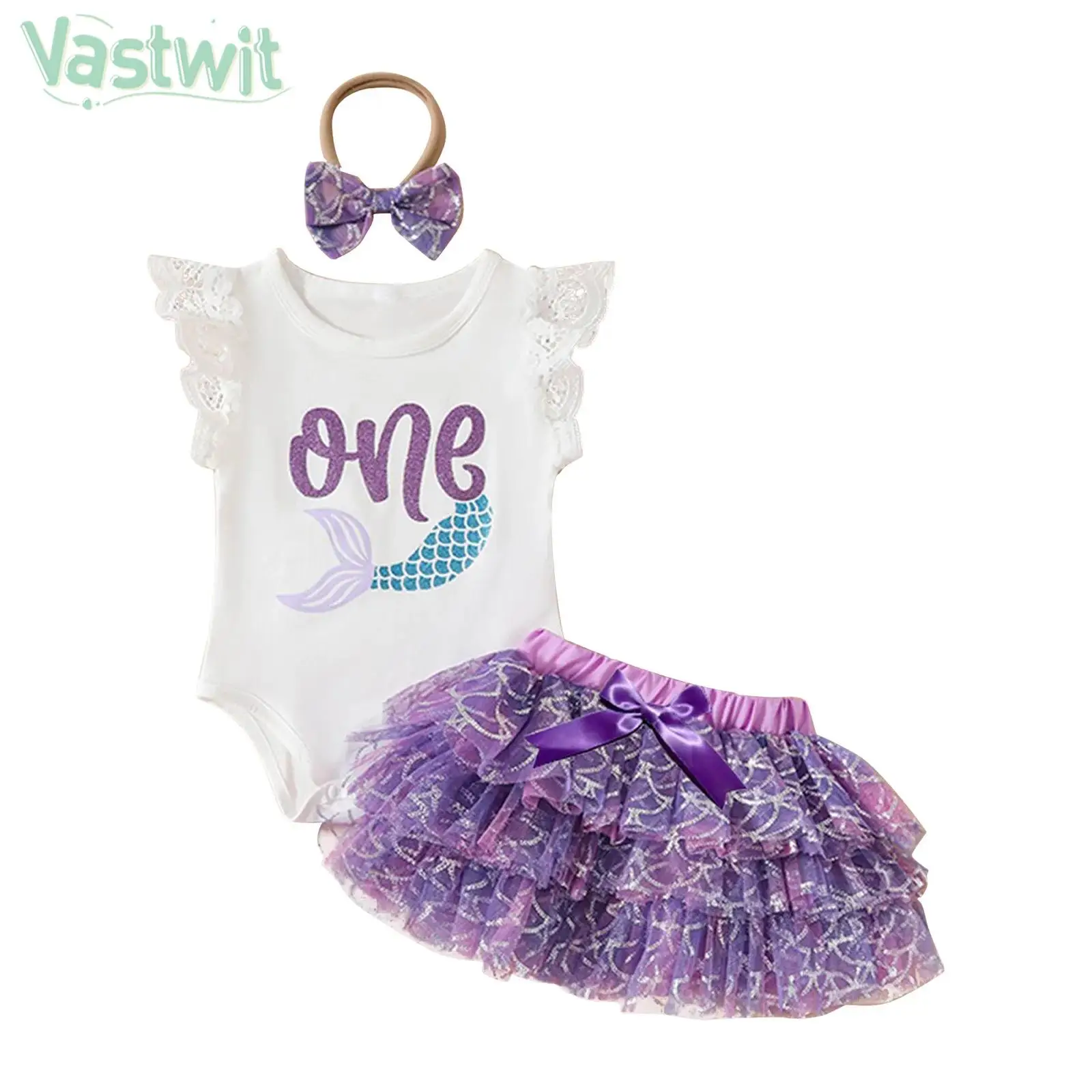 

Baby Girls 1st Birthday Romper with Tutu Skirt Headband Summer Mermaid Costume Christening Smash Cake Party Photography Outfit