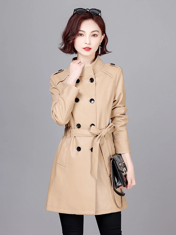 Spring Autumn Genuine Leather eepskin Coat Women's Slim Fit Long Sle Korean Version Heaning Windbreaker Jaet
