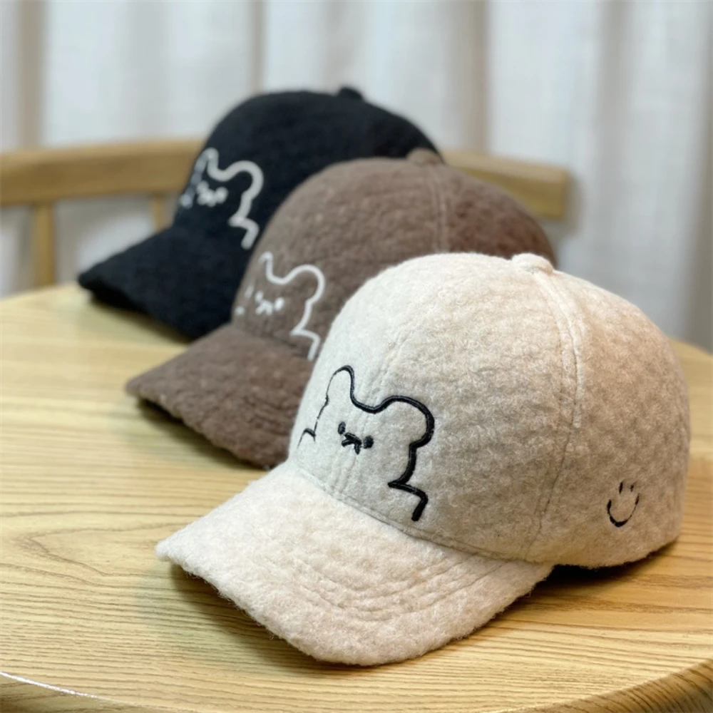 Winter Plush Baseball Cap For Women Thickened Sherpa Warm Panama Hat Solid Color Peaked Cap Cartoon Bear Girl Hat