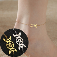 Dawapara Triple Moon Wiccan Anklet Bracelet Crescent Moon Pentagram Goddess Symbol Stainless Steel Bracelet Vintage Jewelry