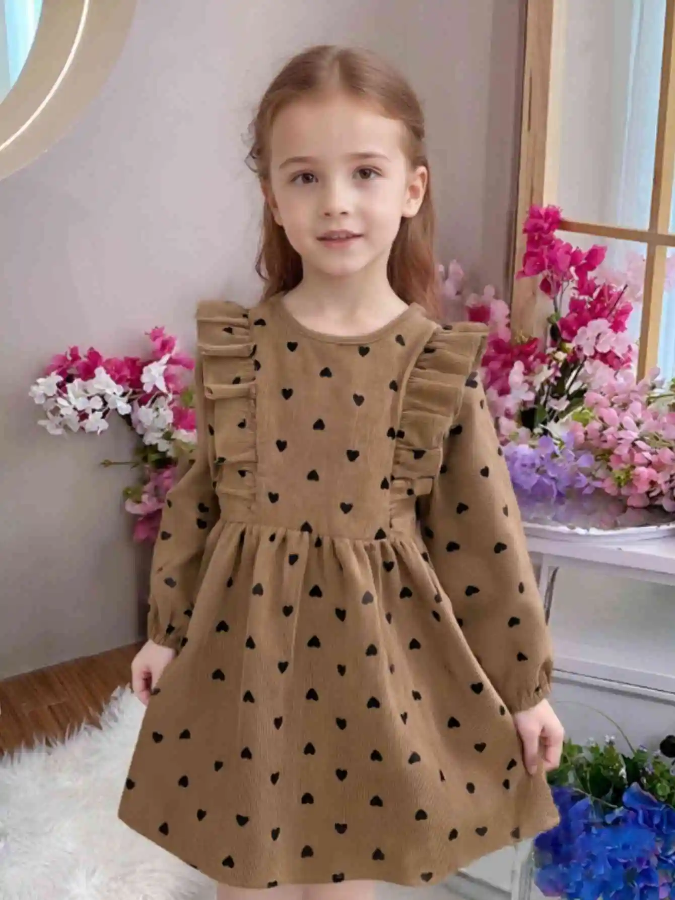 Spring and autumn simple temperament girl love print vintage double fold lace long sleeve loose sweet and playful dress