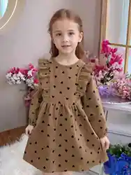 Spring and autumn simple temperament girl love print vintage double fold lace long sleeve loose sweet and playful dress