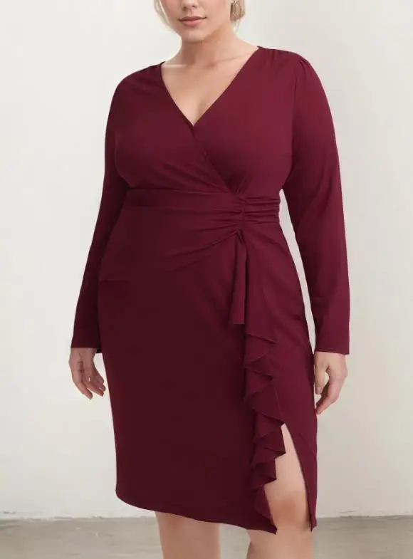 

Large Women's Dress Spring New V-Neck Elegant Simple Fungus Edge Splicing Slim Fit Long Sleeved Dress Suitable for Daily Work