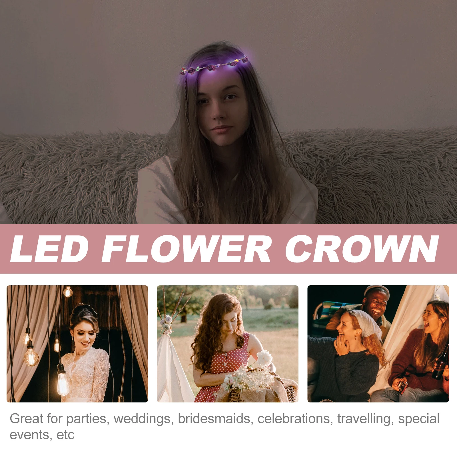 

Purple Flower Garland Headband LED Beads Lighted Adjustable Size Durable Reusable Party Wedding Accessories