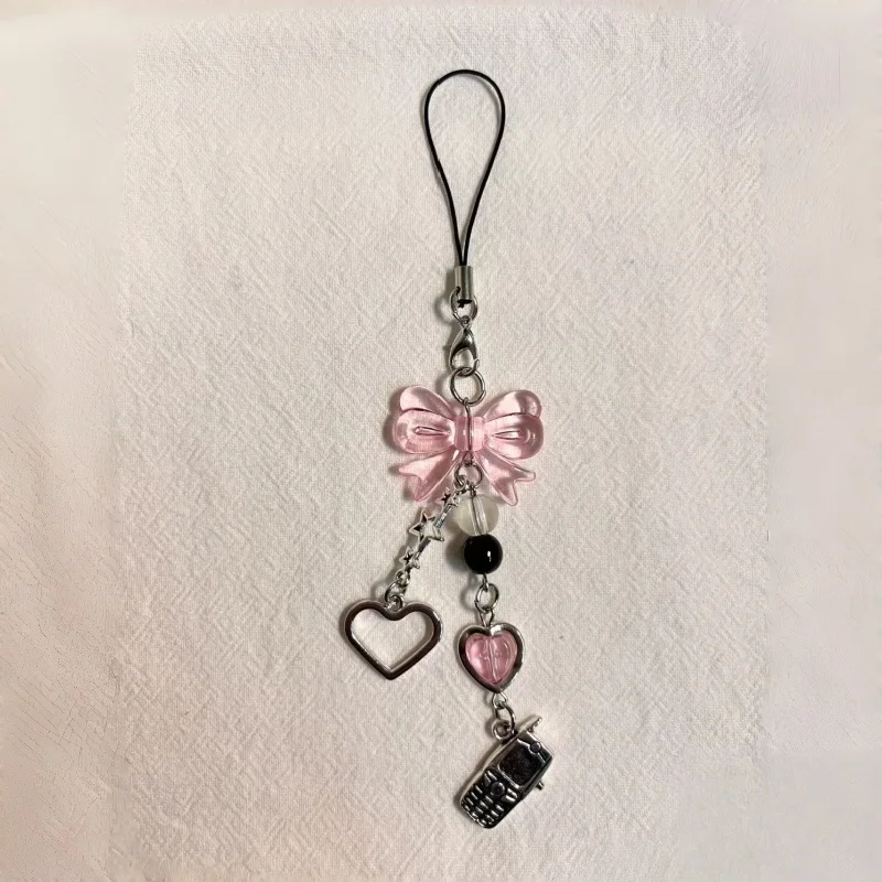 

Sweet Cool Y2K Pink Bow Heart Phone Charm, Retro Mini Phone Beaded Pendant, Kawaii Anti-lost Strap for Phone & Bag