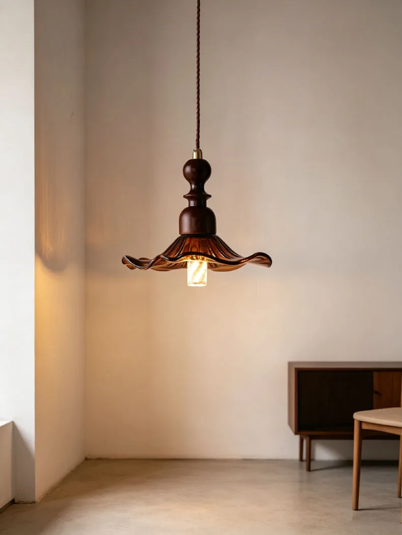 Glass Pendant Lamp Brown Wood
