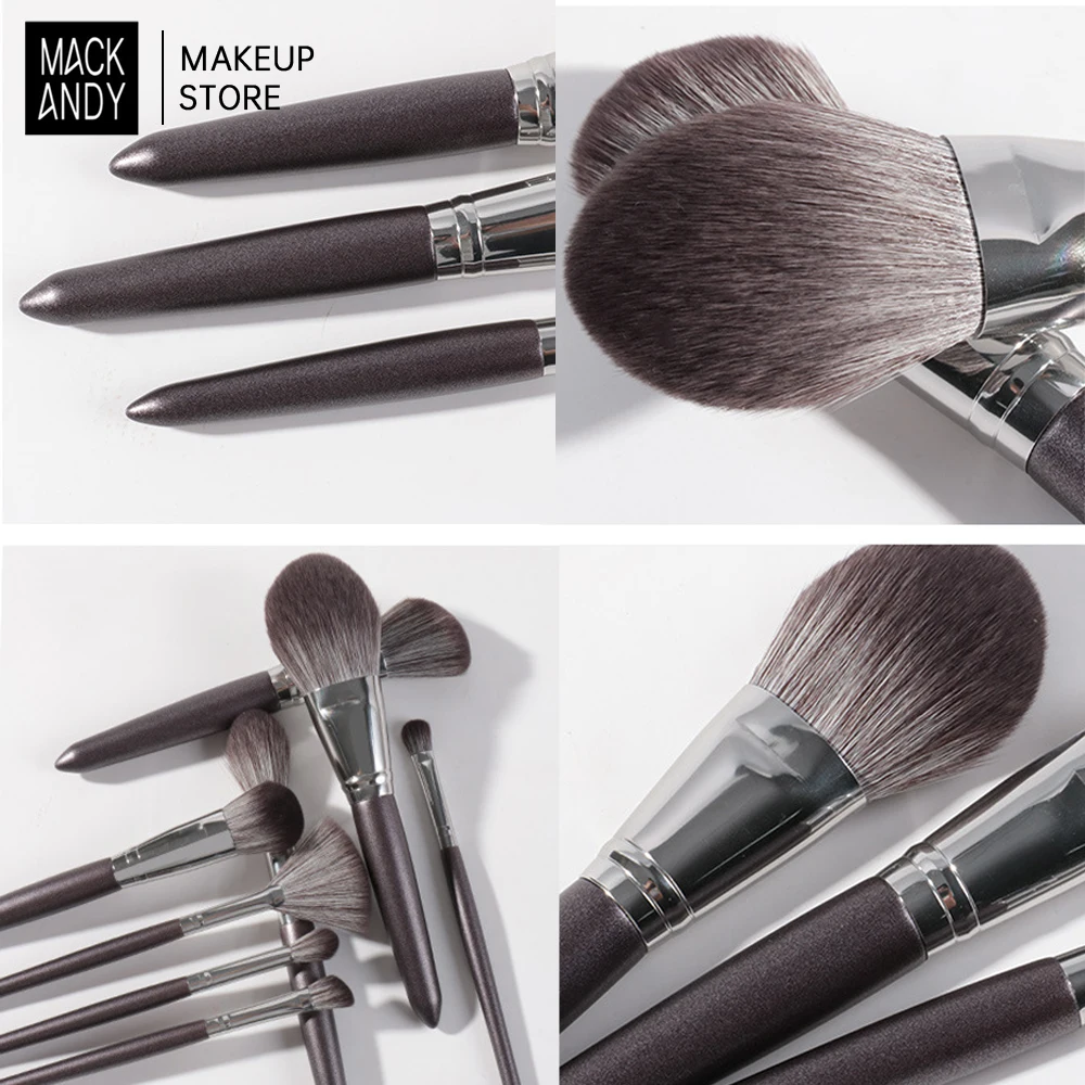 MACKANDY-Kit de pinceaux de maquillage gris café pour femme, poudre de fond de teint en poils de chèvre naturels, fard à barrage contour, outils de maquillage Jules, 14 pièces