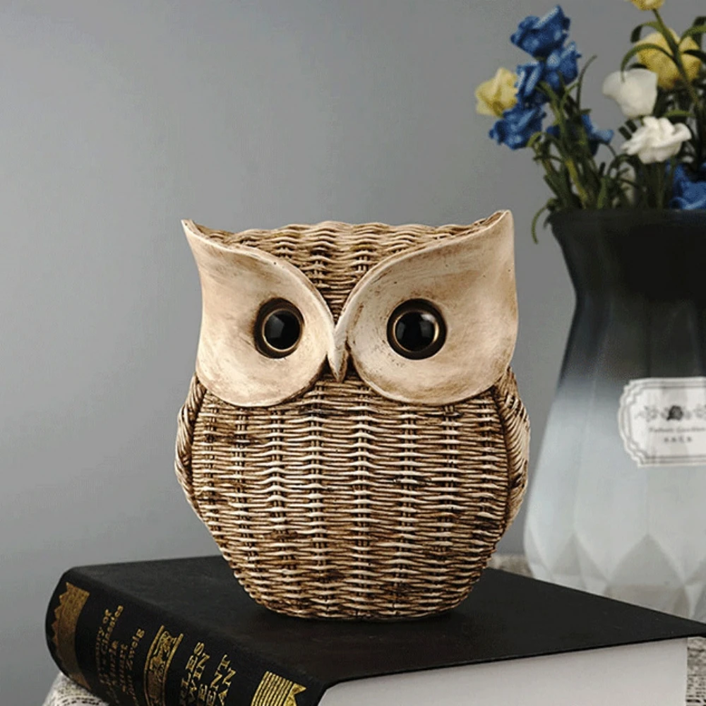 NORTHEUINS Resin Wise Night Owl Biomimetic Rattan Weaving Figurines Animal Statue Retro Art Ornaments Home Interior Decorations