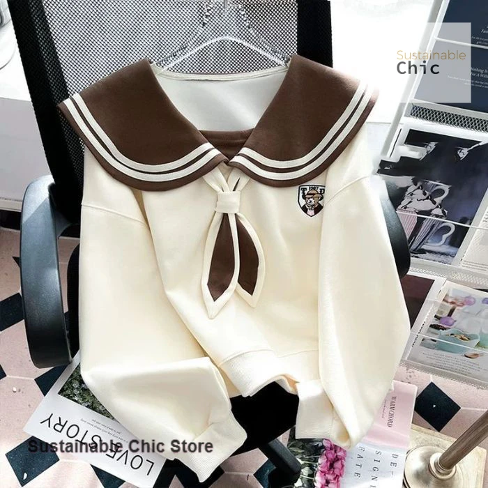 Korean style niche chic college style navy collar sweater women's summer new sweet and slim design Joker outer coat sweatshirt