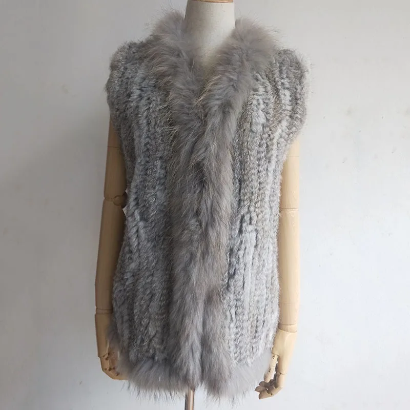 2024 Winter Spring Knitted Real Fur Vest With Real Raccoon Fur Trim Fashion Women Rabbit Fur Vests Ladies Genuine Fur Gilets