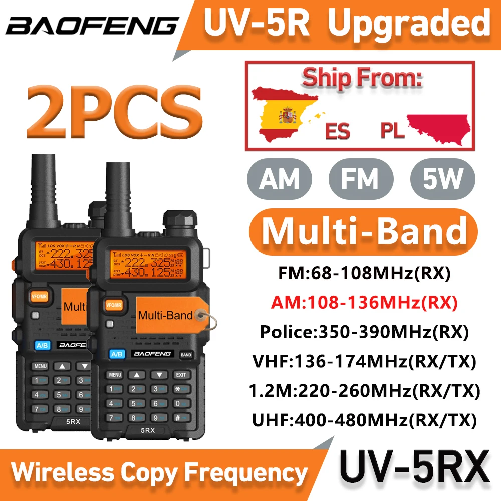 2PCS Baofeng UV-5RX 5W Multi-Bands 136-174/220-260/400-520MHz Tri-band One Key Frequency Match 1800mAh Repeater Handheld Radio