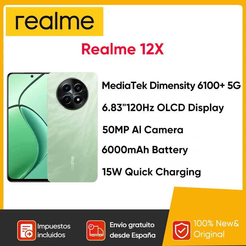 realme 12x MediaTek Dimensity 6100+ 6.83'' 120Hz Display OLCD 5000mAh Batteria 50MP AI Fotocamera NFC 5G Smartphone Versione globale