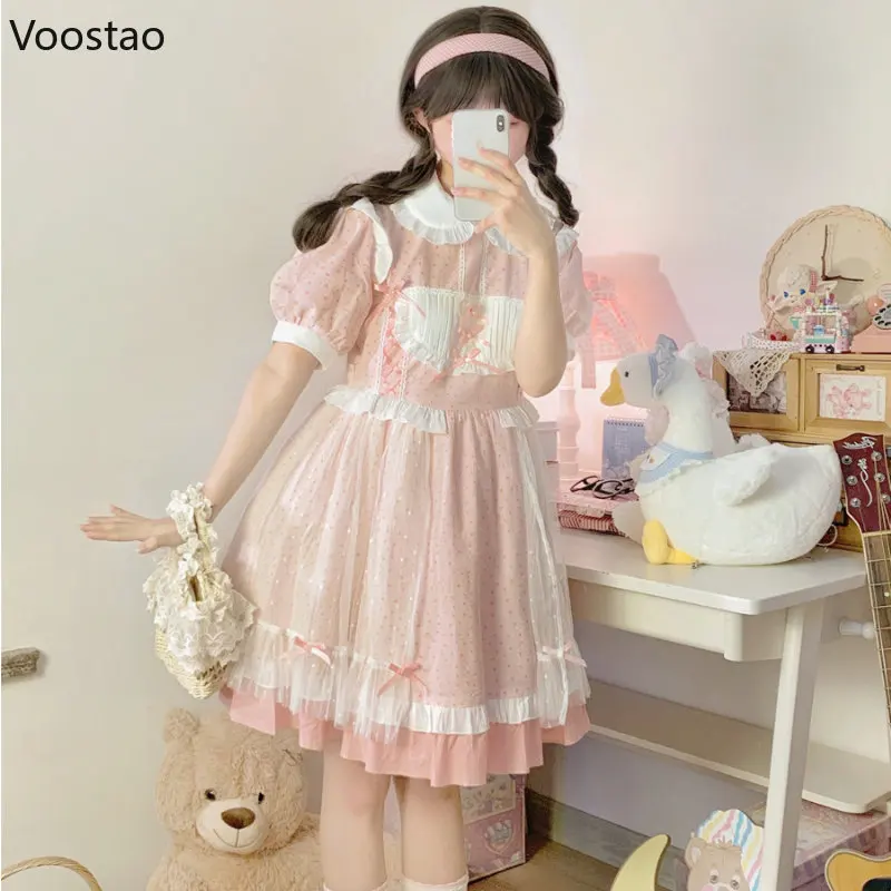 Japanese Kawaii Lolita OP Dress Women Sweet Peter Pan Collar Wave Point Print Mesh Party Dresses Girls Cute Puff Sleeve Dress