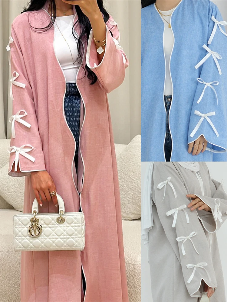 Bowknot Open Kimono Abaya Dubai Luxury 2024 Muslim For Women Kaftan Dress Islam Clothing Robe Caftan Marocain Femme Musulmane