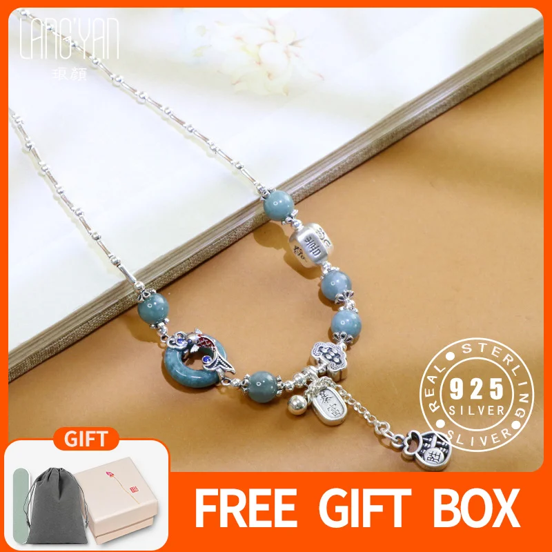 

Langyan Инь Ян жадеит ожерелье с узлом мира в китайском стиле из стерлингового серебра 925 пробы сумка для денег кулон с кисточкой оригинальный дизайн XL100