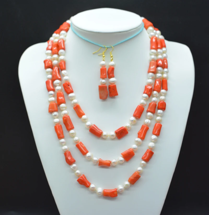 

Pretty. Exquisite 3 rows. Hot orange irregular coral and natural pearl necklace. earrings. African bridal necklace set -20-26"