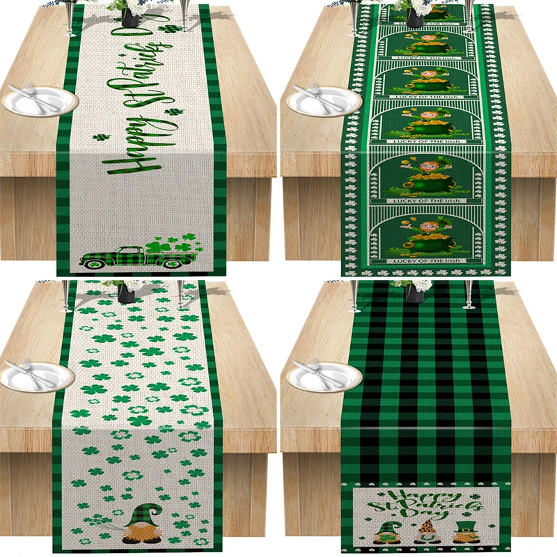 

St. Patrick's Day Printed Table Runner Green Irish Clover Embroidered Table Runner for Saint Patricks Day Holiday Parties Decor