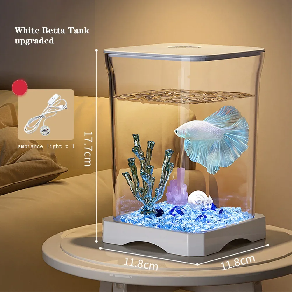 Mini Betta Fish Tank Starter Kit Aquarium Tank with Bottom Light Rectangular Mini Desktop Aquarium with Top Feeding Hole - Image 5