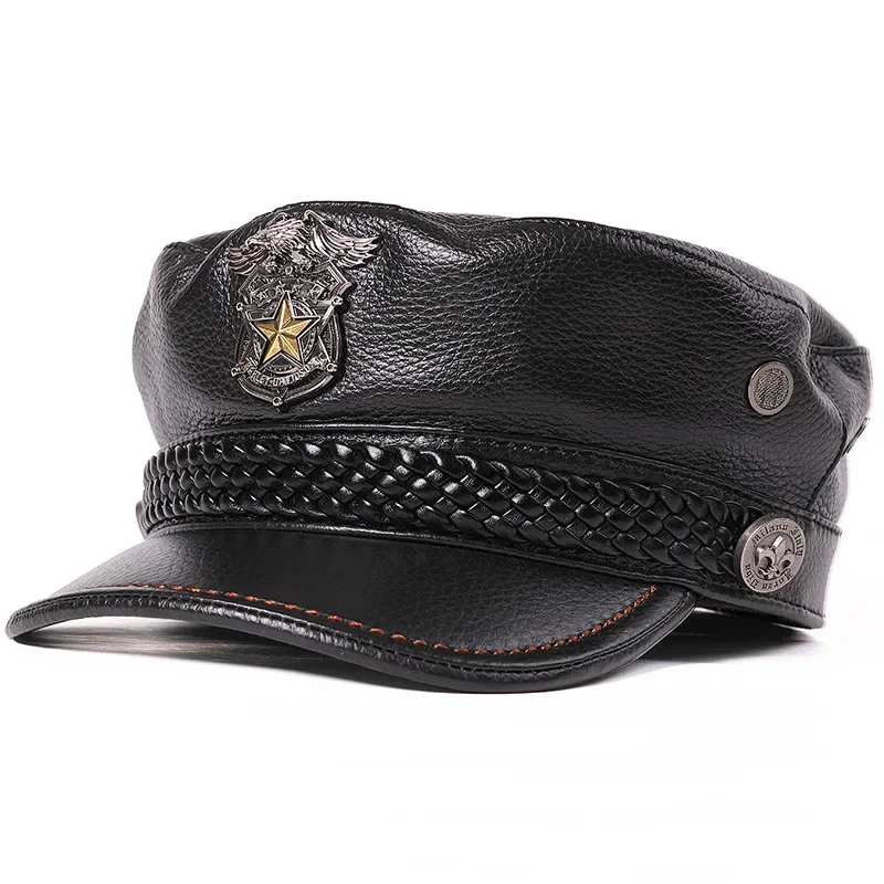 Genuine Leather Hat Motorcycle Gorras for Men Women German Casual Fashion Top Layer Cowhide Cap