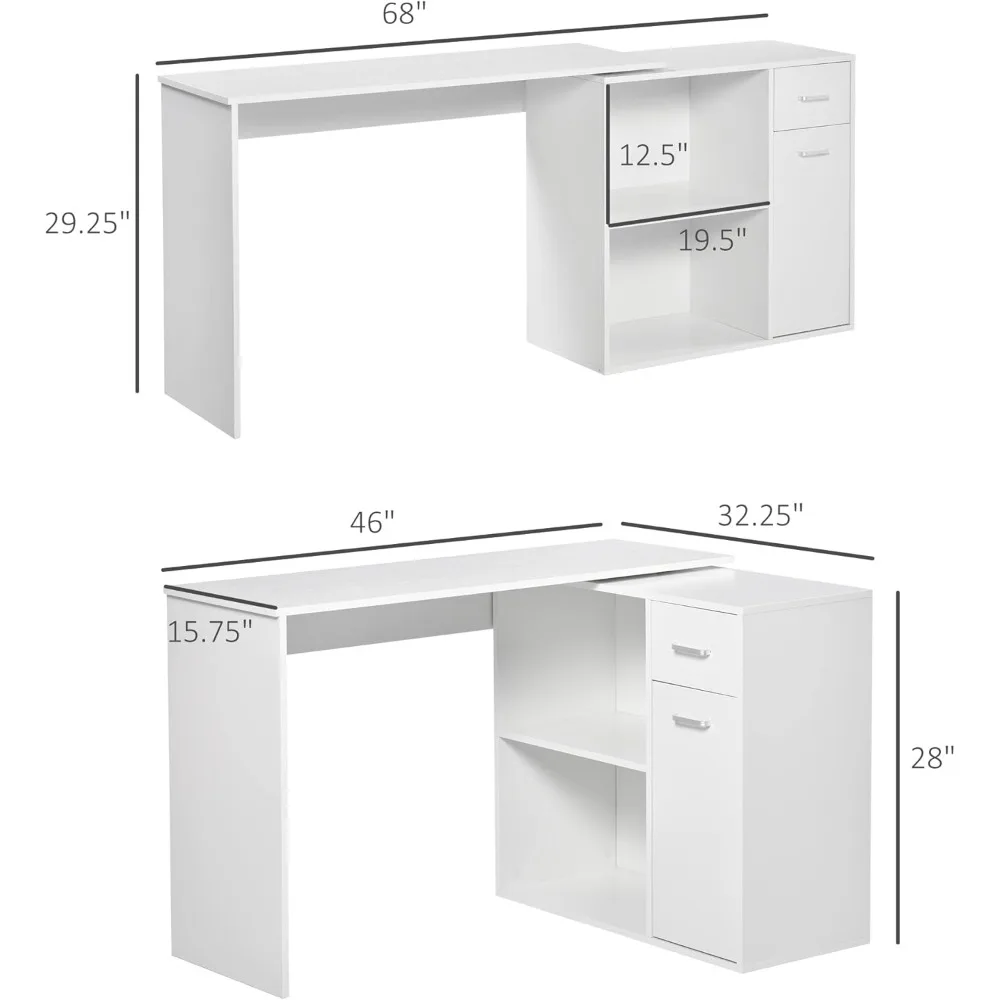 Mesa de computador em forma de L, 180 °   Mesa de canto giratória com prateleiras de armazenamento, gaveta e armário, estação de trabalho de estudo para casa