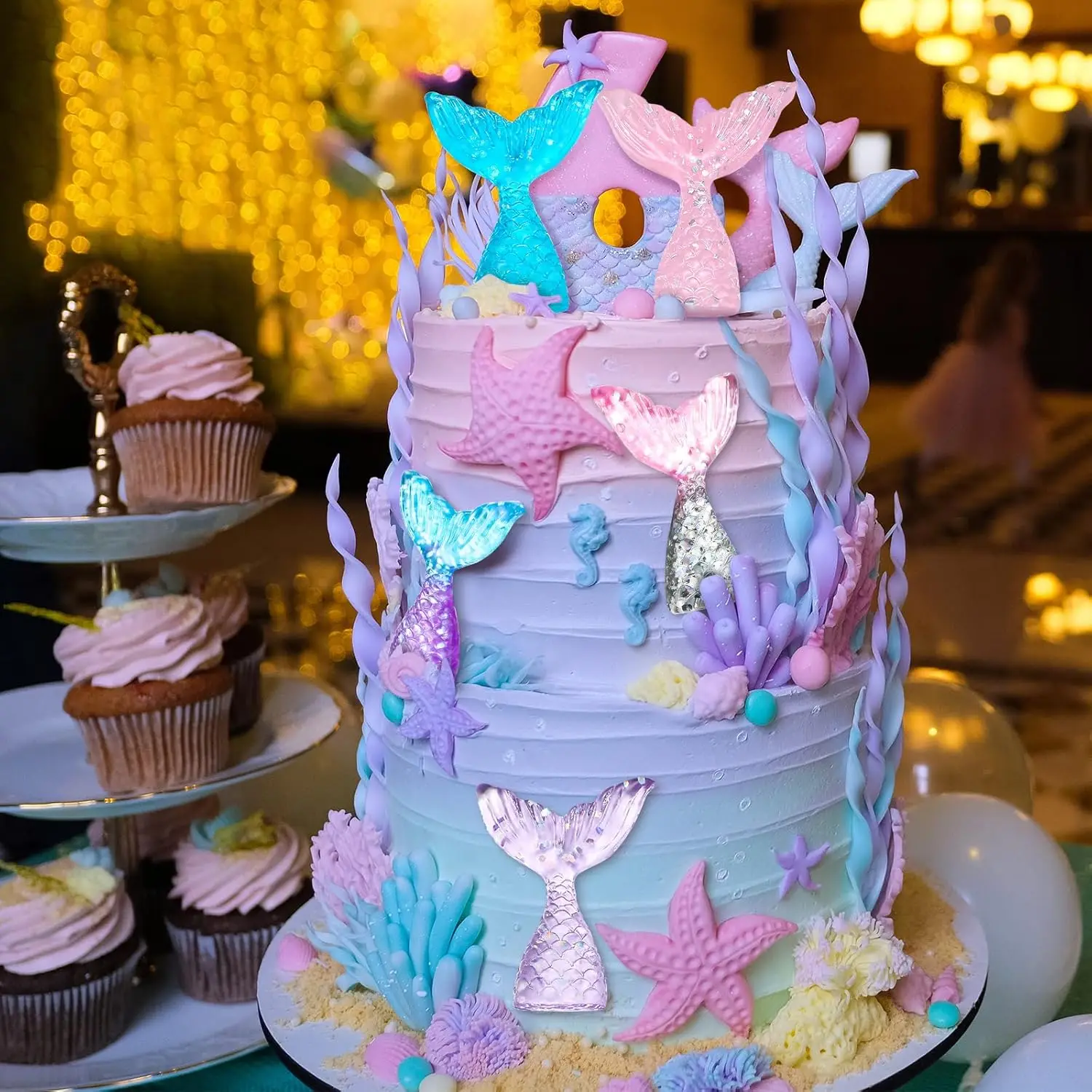 12 Stück Cupcake-Topper mit Meerjungfrauenschwänzen, blau, rosa Kuchendeckel für Meerjungfrau-Thema, Kuchendekoration, Geburtstagsfeier, Babyparty-Zubehör – Detail 2
