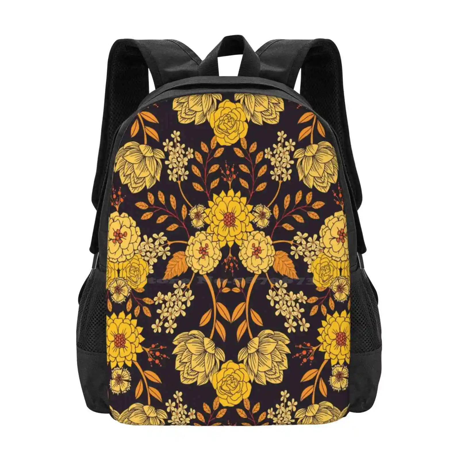 Yellow , Orange & Navy Blue Dark Floral Pattern 3D Print Design Backpack Student Bag Yellow Orange Navy Blue Flowers Leaves