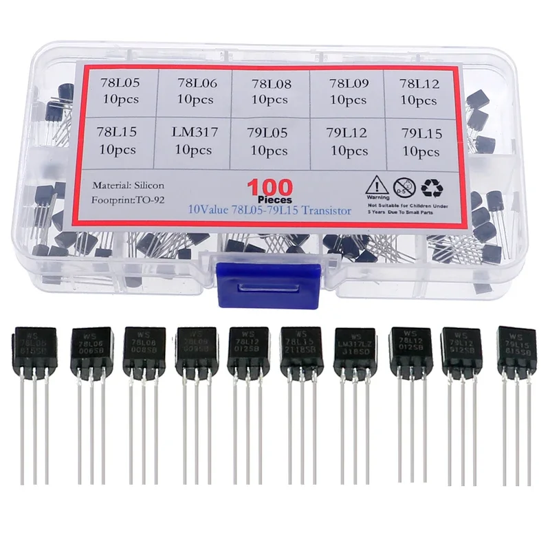 100pcs 10Value TO-92 Voltage regulator transistors Assortment Kit 78L05 78L06 78L08 78L09 78L12 78L15 79L05 79L12 79L15 LM317