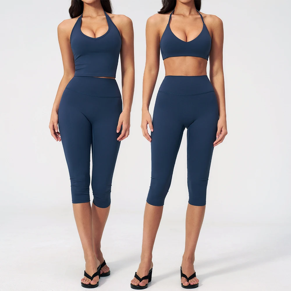 Women 2 Piece Yoga Set High Waist Capri Leggings Sports Bra Crop Top Workout Gym Athletic Outfits Female Fitness Activewear Suit