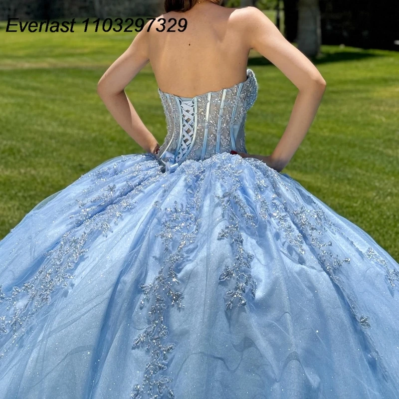 Evolt personalizado azul quinceanera vestido de baile brilhante renda applique frisado cristal méxico doce 16 vestidos de 15 anos tqd867