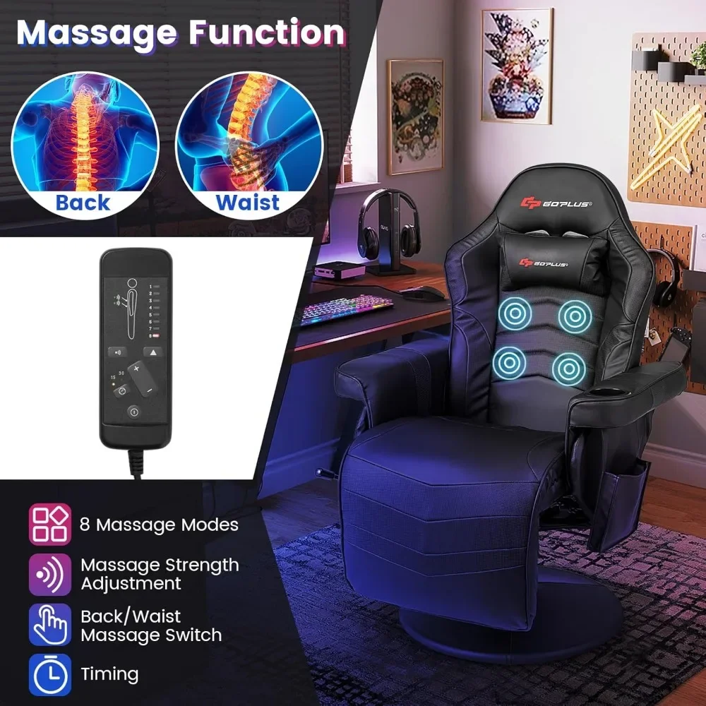 Cadeira de videogame de massagem com altura ajustável com apoio para os pés retrátil, suporte de copo, encosto de cabeça, cadeira de escritório giratória