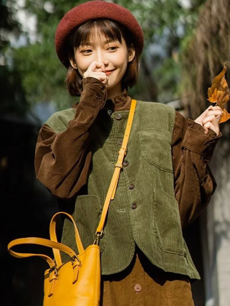 Zoki Vintage Women Corduroy Vest Fall Loose Preppy Style Sweet Vest Jacket Japan Casual Pockets Female O Neck Retro Solid Tops