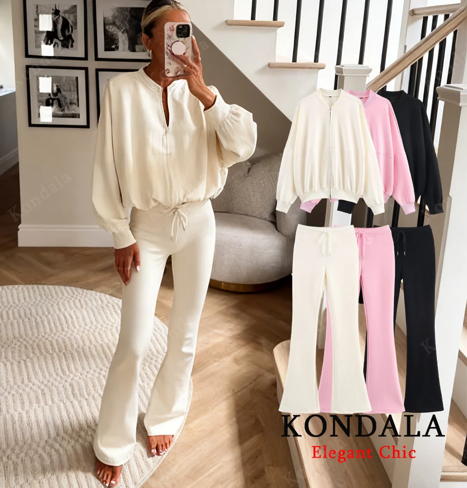 

KONDALA женский элегантный шикарный комплект брюк, свободная куртка на молнии с круглым вырезом, тонкие расклешенные брюки на шнурке, весна-осень 2024, повседневный женский комплект