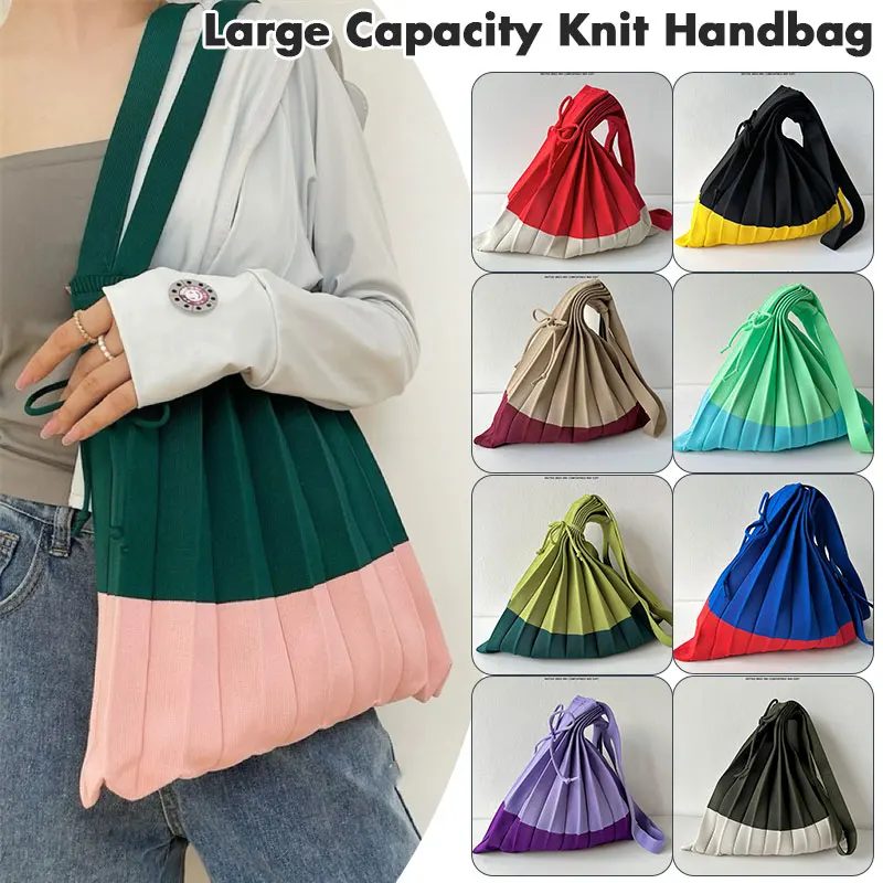 

1pc Knitted Pleats Tote Organ Bag Designer Chic Stitching Contrast Korean Retro Fashion Women Shoulder Shopper Handbag Foldable