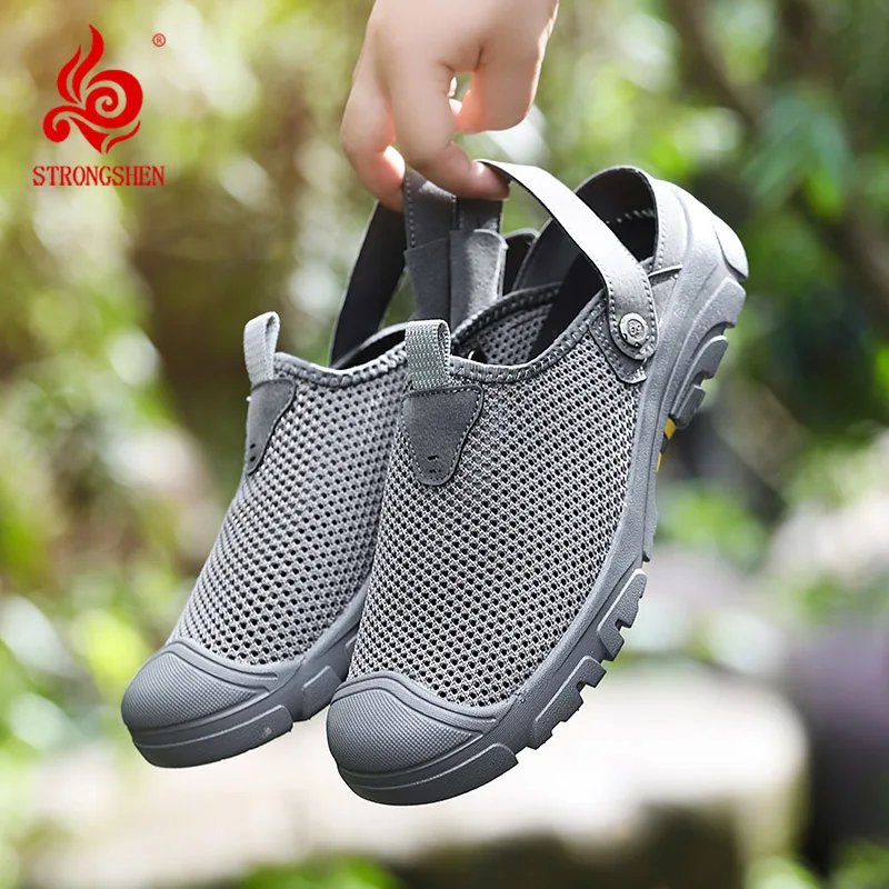 STRONGSHEN Men Sandals Platform Sandals Designer Mesh Hollow Out Breathable Beach Slippers Non Slip Lightweight Men Sneakers