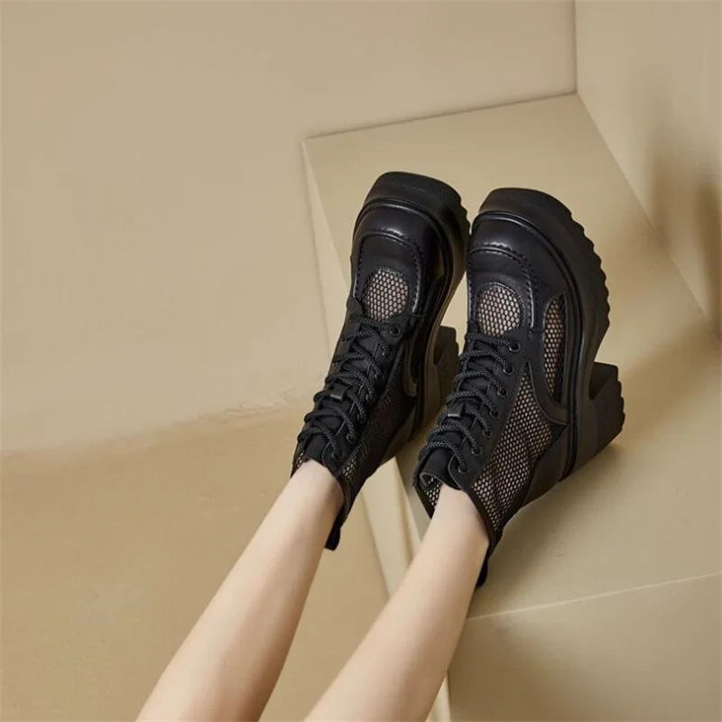 10CM Women Sandals Comfortable Ankle Boots Lace-Up Fashion Summer Round Toe Platform Wedge High Hidden Heels Ladies Breathable