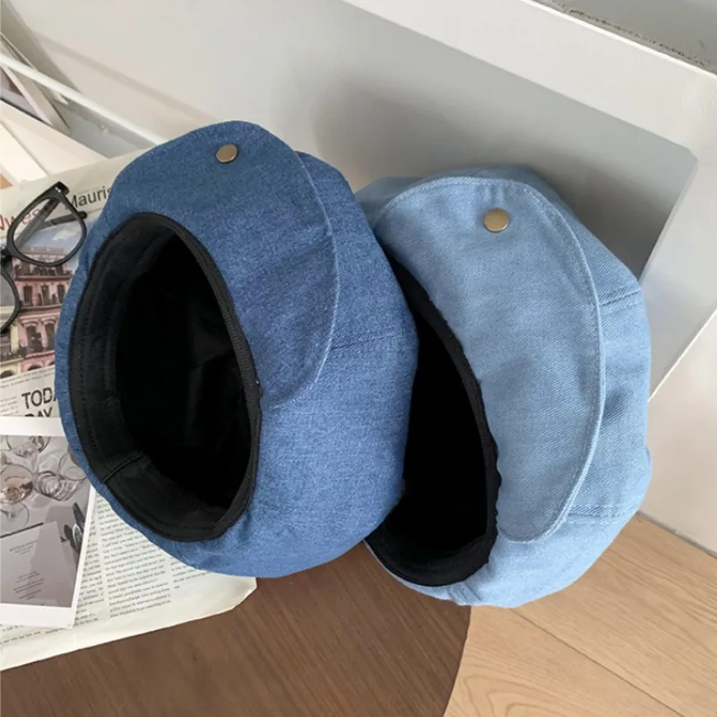 Japanese Flanged Blue Denim Berets Caps for Women Spring and Autumn Niche Design Bud Painter Hat Oversized Retro Octagonal Hats