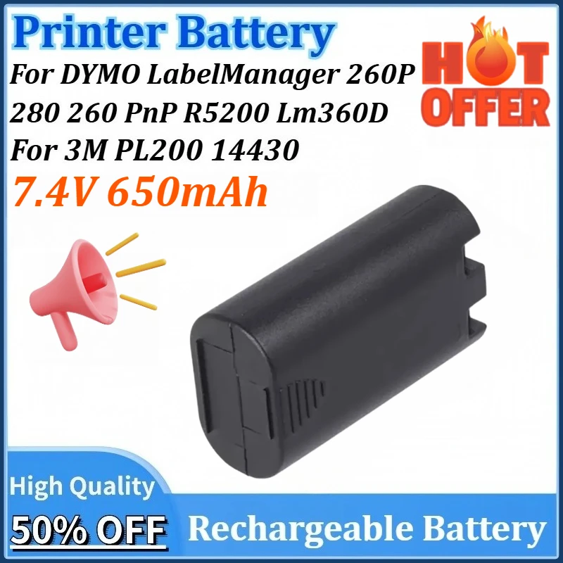 

Replacement Printer Battery 7.4V 650mAh for 3M PL200 14430 W003688 S0895880 for DYMO LabelManager 260P 280 260 PnP R5200 Lm360D