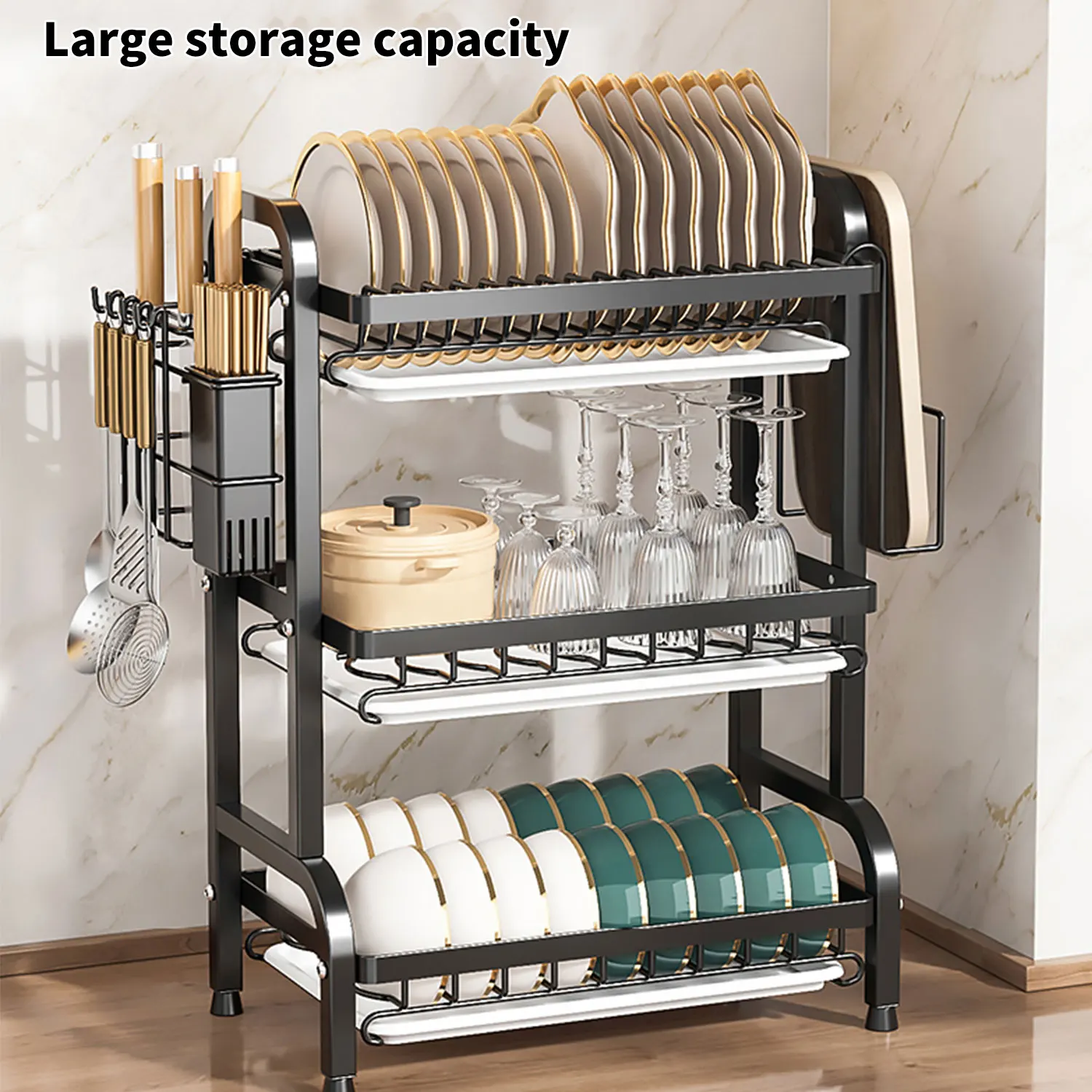 Image 4: Égouttoir à vaisselle à 3 niveaux, grande capacité, pour comptoir, avec support pour ustensiles, couteaux et planches à découper, plateaux amovibles