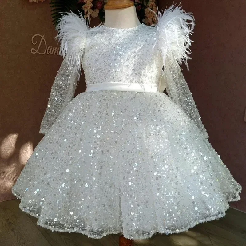 Fashion Baby Girl Princess Sequins Tutu Dress Long Feather Sleeve Child Vestido Wedding Party Birthday Xmas Baby Clothes 1-14Y