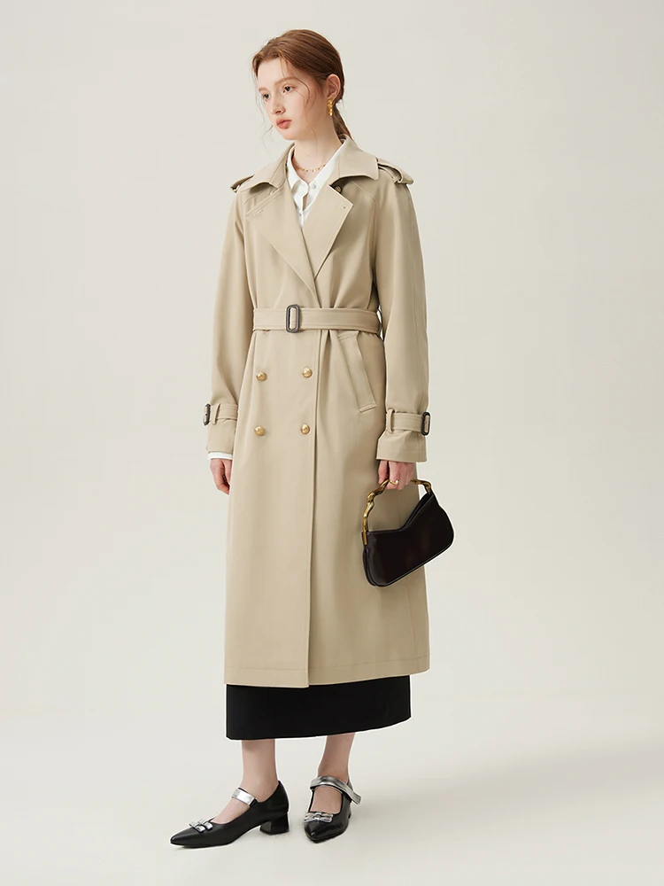 Imagem -03 - Fsle-double Breasted Long Trench Coats para Lady Turn-down Collar Temperamento Straight Jacket Luz Khaki Primavera Novo 24fs11092