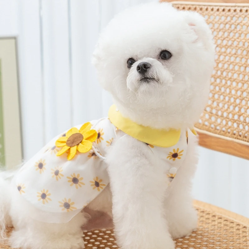 Summer Sunflower Dress for Pet Dog, Bow Lace Dresses for Chihuahua, Bichon, Kitten, Puppy Clothing, Luxury Skirt, Pet Apparel