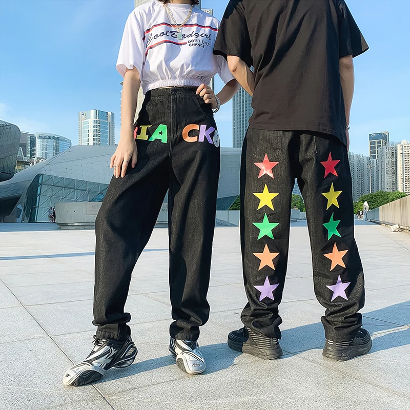 

Trendy Bla Loose Fit Jeans for Men And Women with Letter Print High Waist Straight Leg Long Pants for Street Hip Hop Couple...