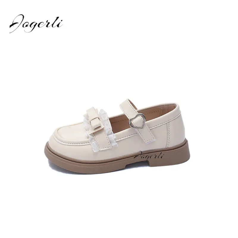 Girls PU Leather Shoes Autumn New Baby Bow Lace Princess Loafer Cute Style Soft Soled School Flats Footwear